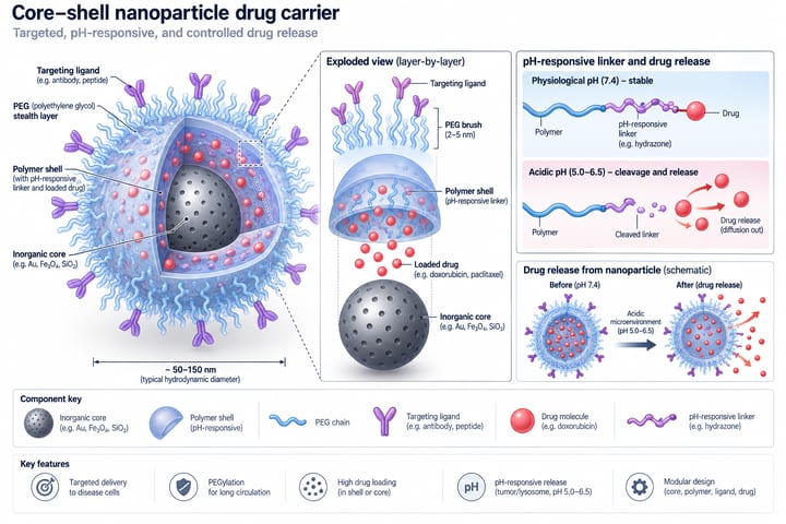 Core-shell nanoparticle drug carrier schematic