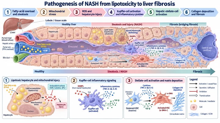 Pathogenesis of NASH from lipotoxicity to liver fibrosis