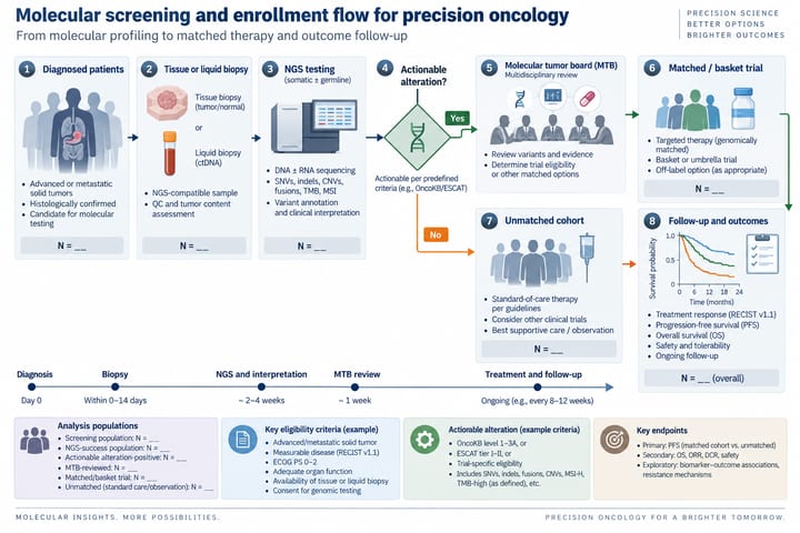 Molecular screening and enrollment flow for precision oncology