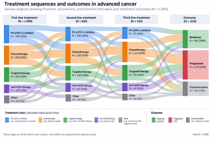 Sankey diagram of treatment sequences and outcomes